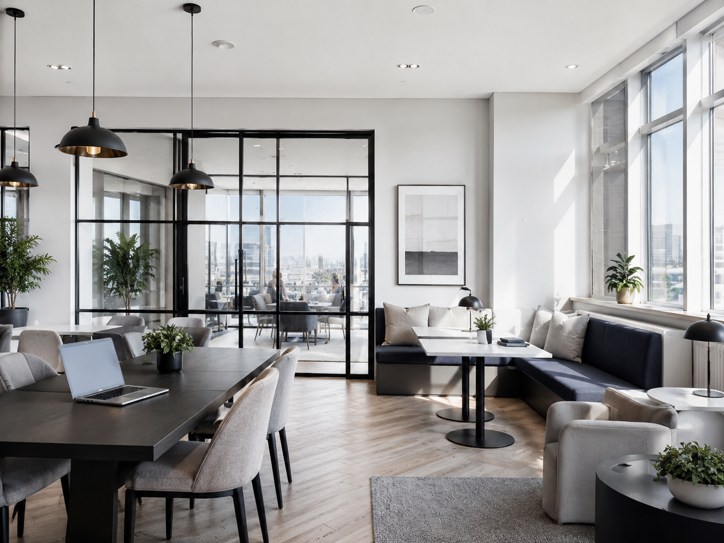 Interior co-living TwinTown — zona social y coworking